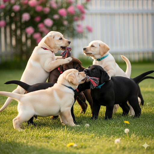 LABRADOR PUPPIES PLAYING IN GARDEN
