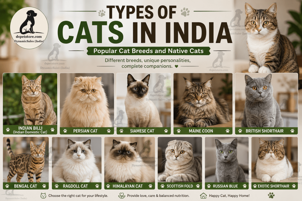 Types of Cats in India infographic featuring popular cat breeds including Indian Billi, Persian Cat, Siamese Cat, Maine Coon, British Shorthair, Bengal Cat, Ragdoll Cat, Himalayan Cat, Scottish Fold, Russian Blue, and Exotic Shorthair with DSPetStore watermark.